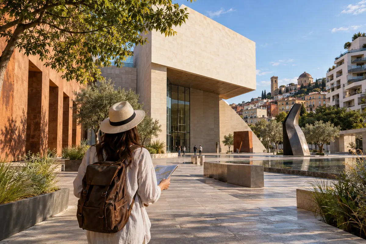 Voyageuse arrivant dans le quartier culturel d’un musée contemporain