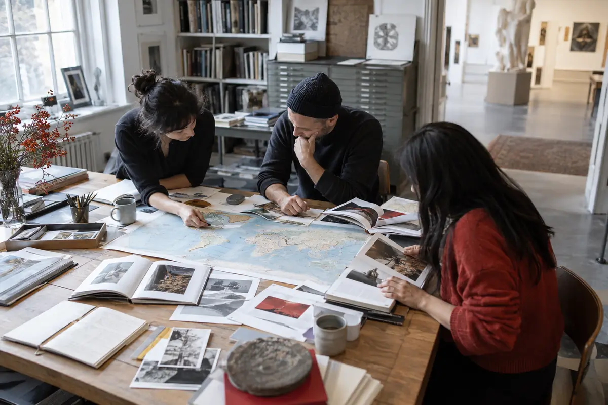 Équipe éditoriale préparant un guide international de l’art autour d’une carte du monde