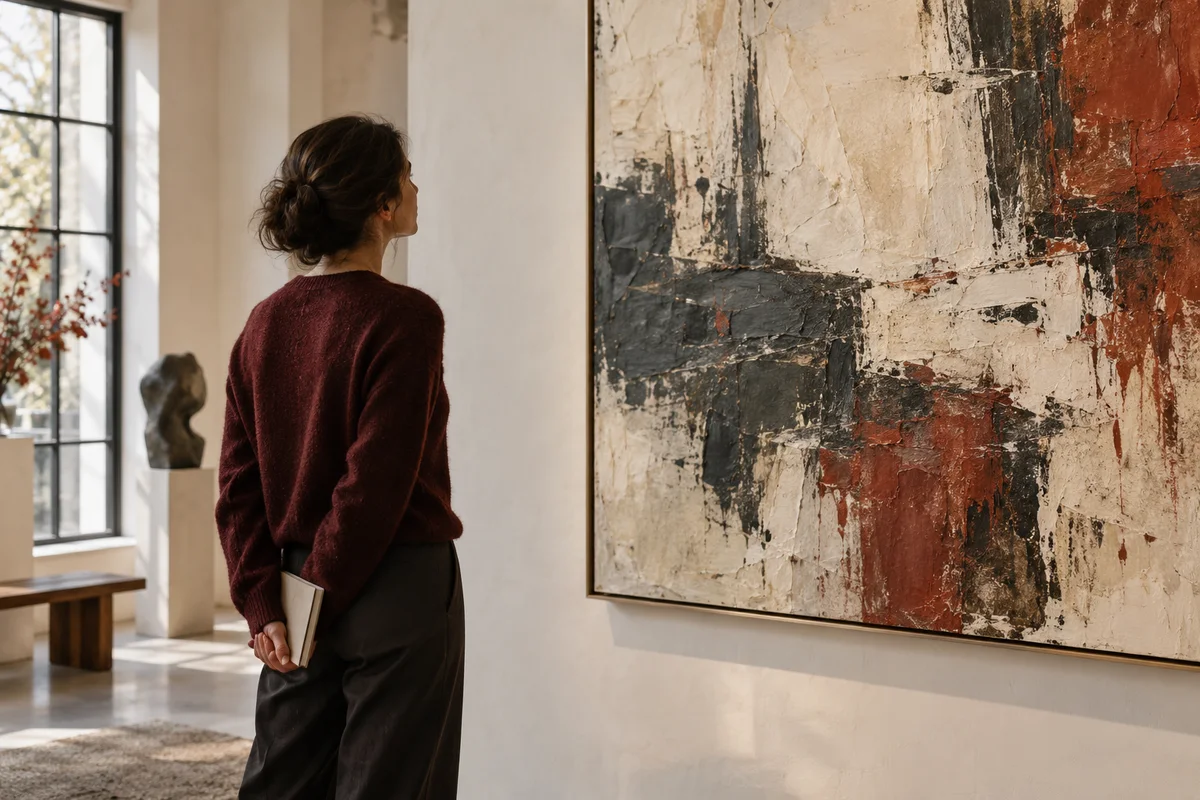 Une visiteuse observe la matière d’une peinture abstraite dans une galerie fictive