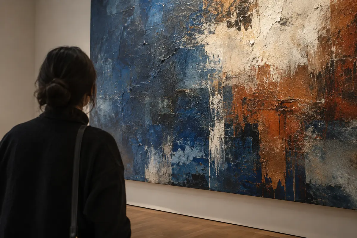 Visiteuse observant la matière et les couleurs d’une grande peinture abstraite