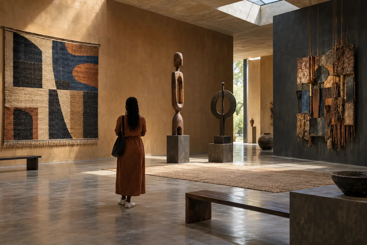 Visiteuse observant textiles, sculptures et installation contemporaine dans une galerie consacrée aux arts africains