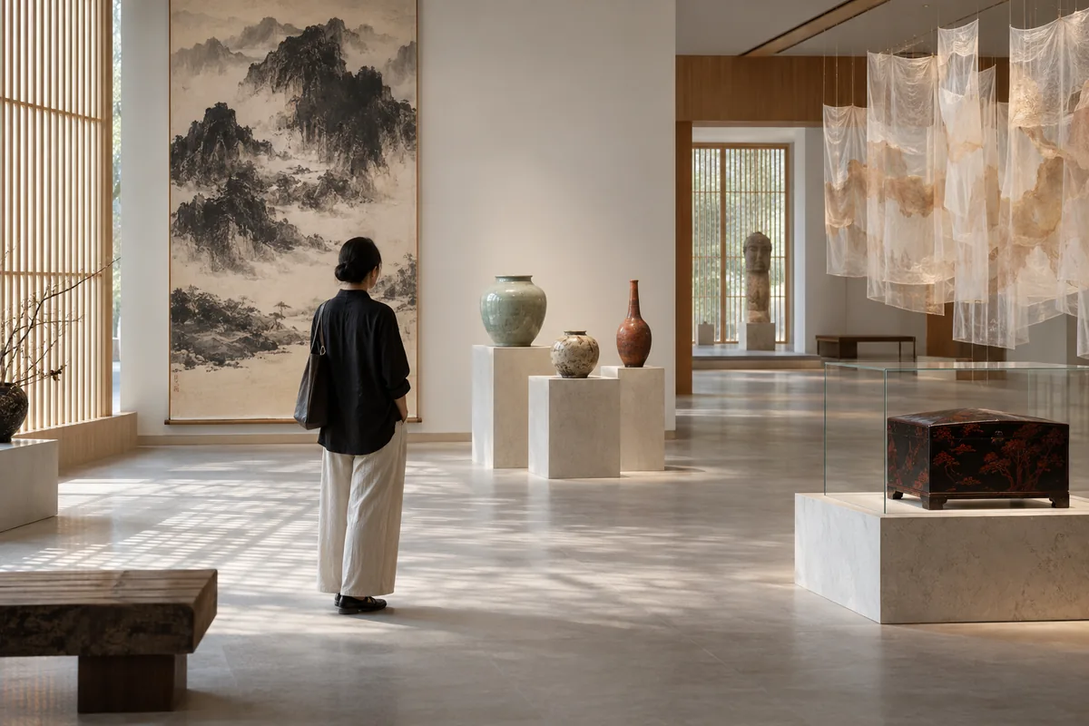 Visiteuse comparant peinture à l’encre, céramiques, laque et installation contemporaine dans un musée