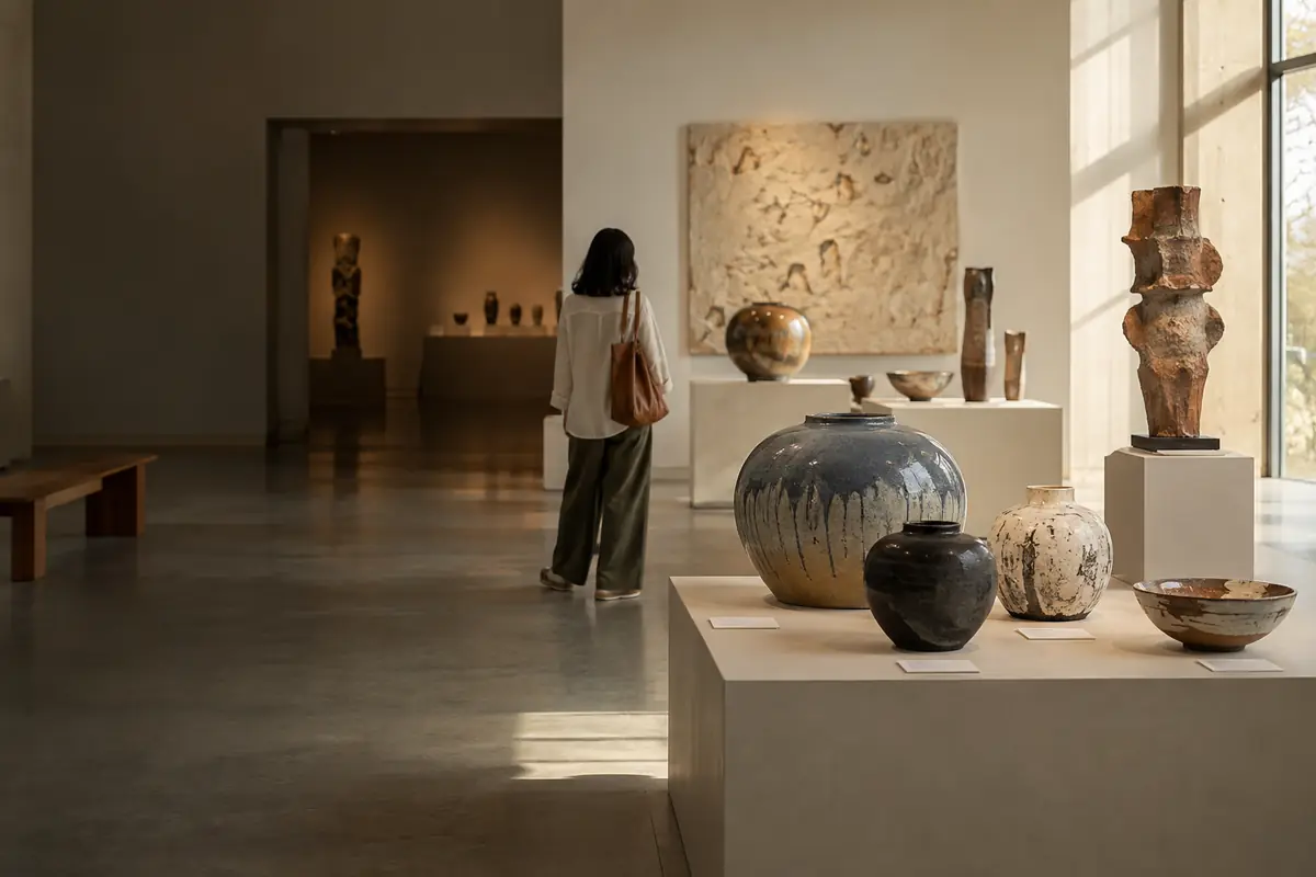 Visiteuse dans une galerie de céramiques, entre vases émaillés et sculptures de terre