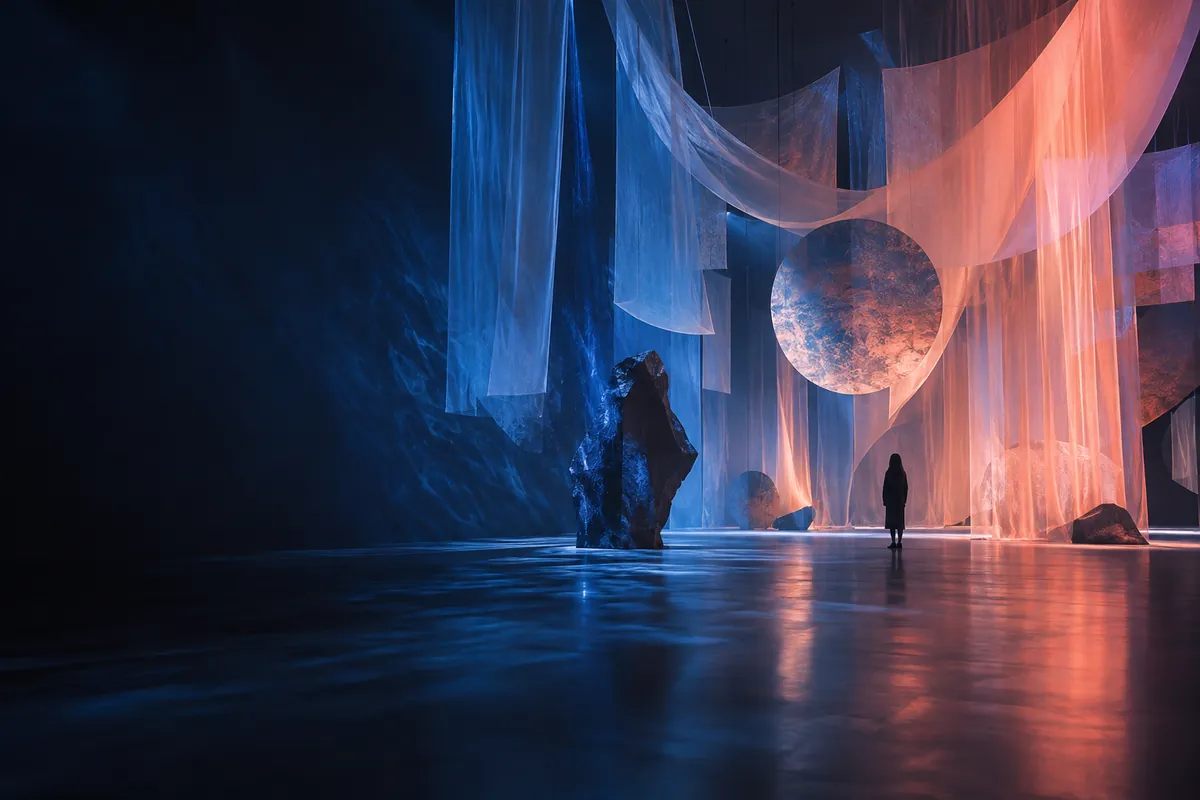 Visiteuse au cœur d’une installation d’art contemporain lumineuse