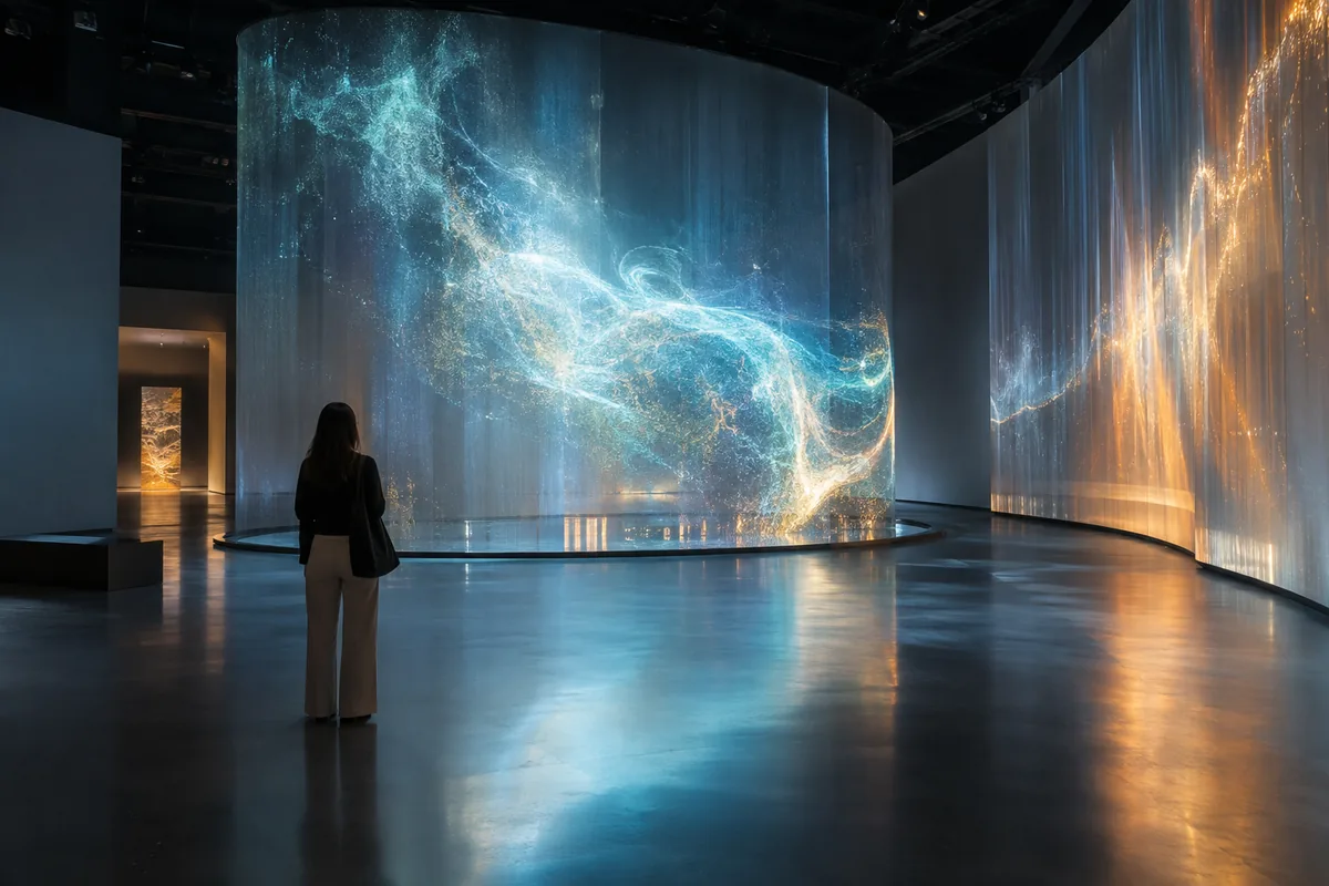 Visiteuse face à une installation d’art numérique immersive aux projections bleues et dorées
