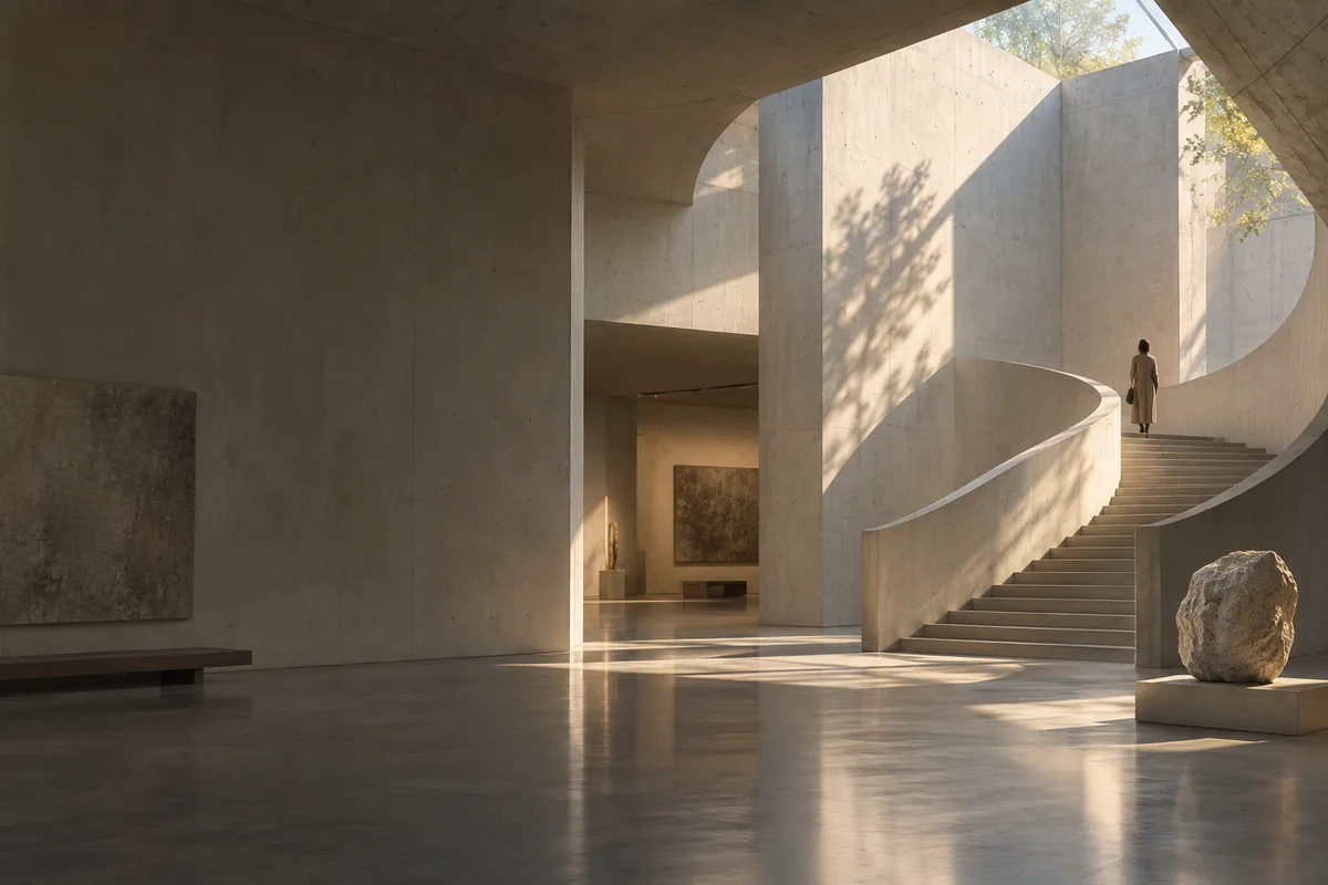 Atrium de musée en béton traversé par la lumière naturelle