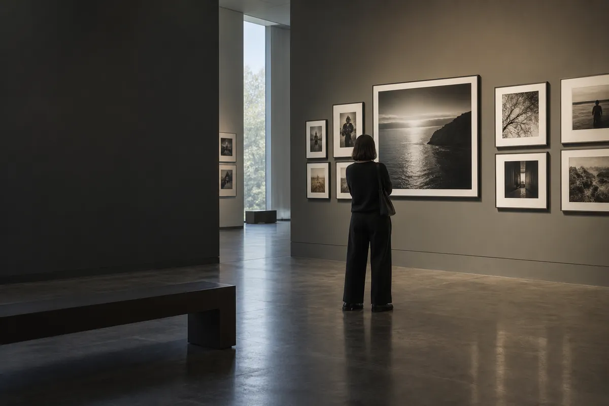 Visiteuse observant une série de tirages photographiques dans un musée