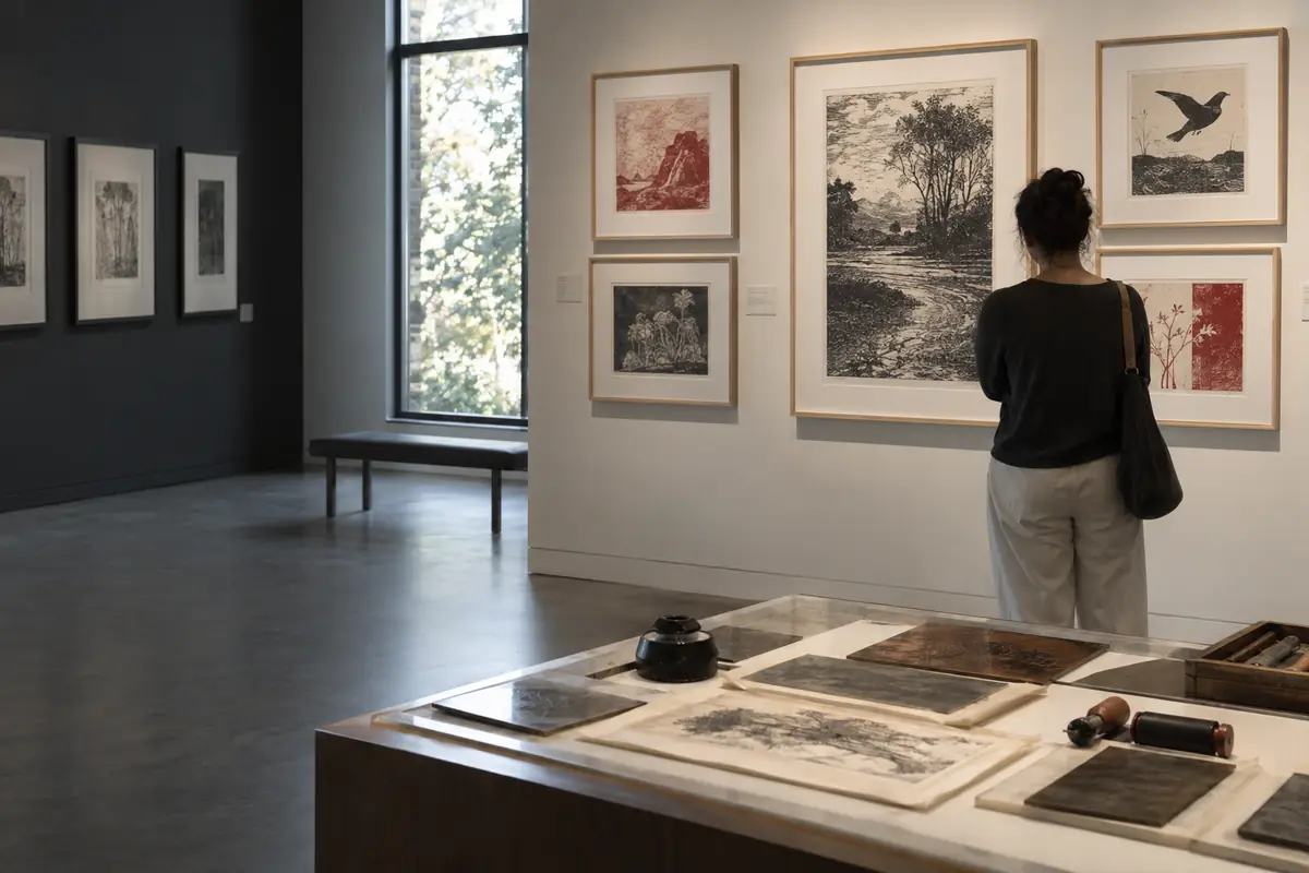Visiteuse observant des estampes et des outils de gravure dans une galerie