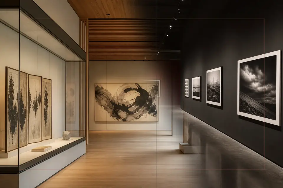 Composition éditoriale consacrée aux arts visuels pour le guide de Bowes Museum